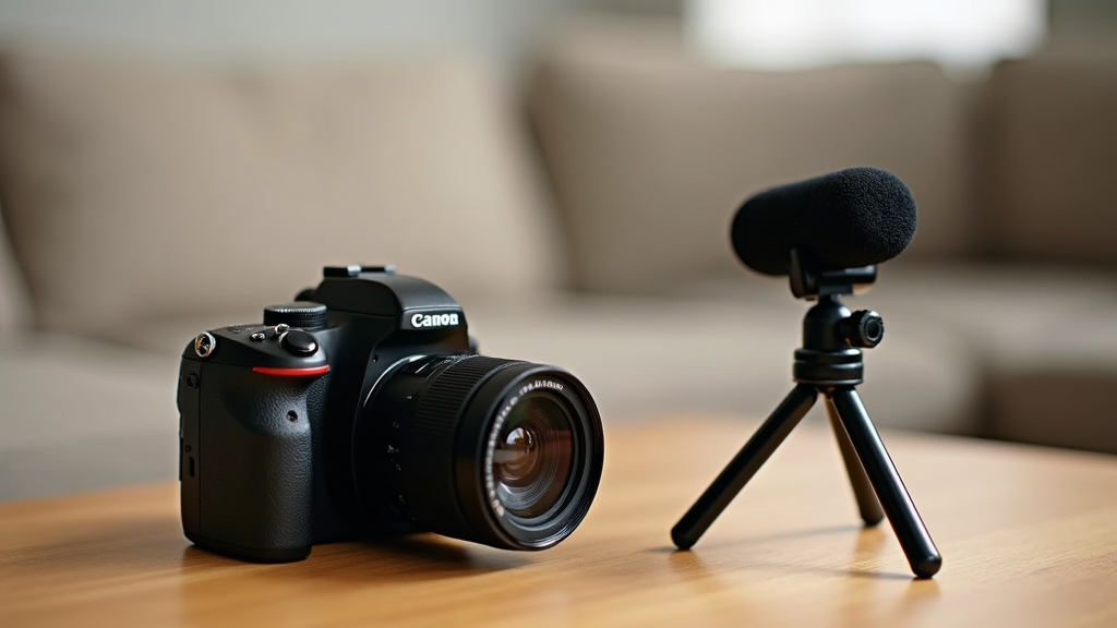 A compact camera, a microphone, and a small tripod arranged on a wooden table for beginner vlogging gear.