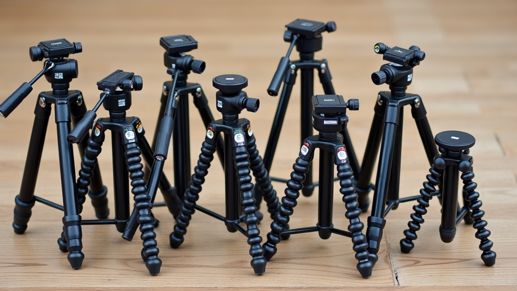 Variety of camera tripods on a wooden surface